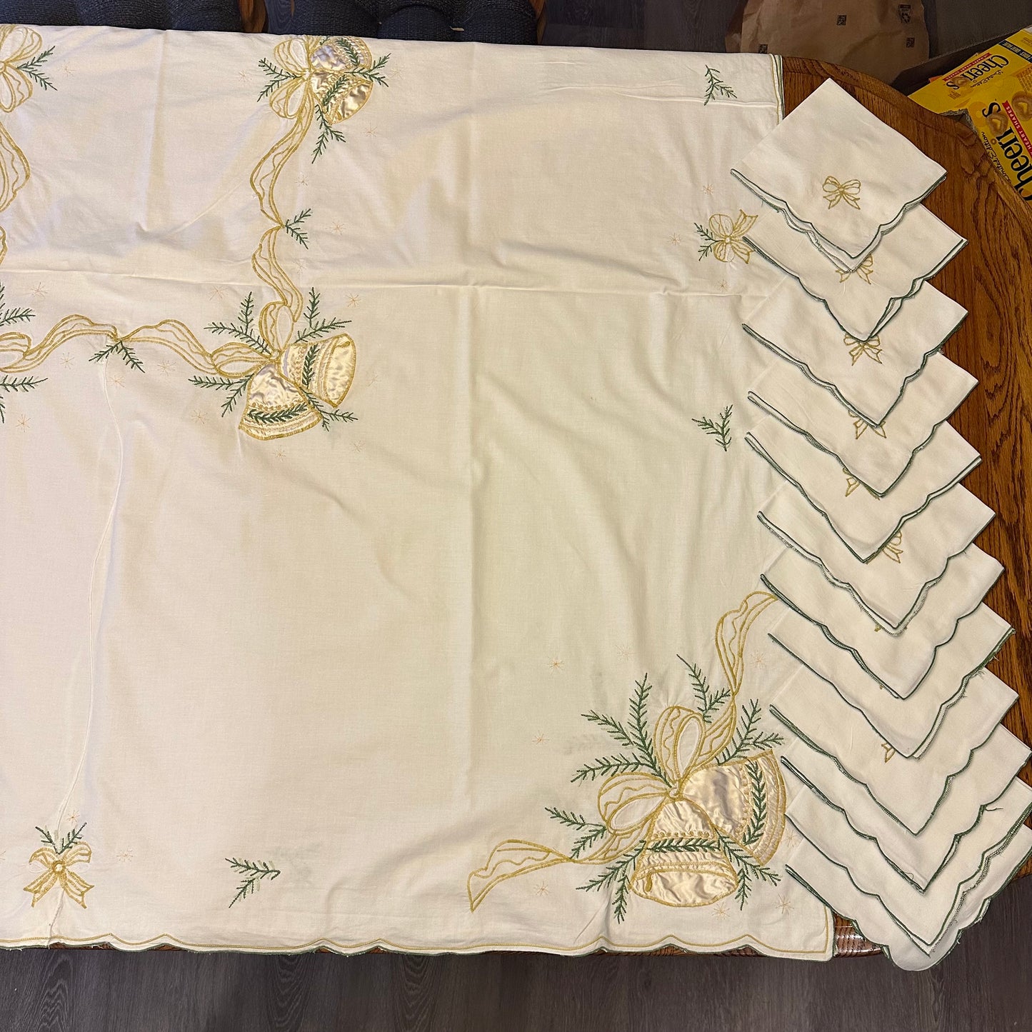 Holiday Bells and Bows Embroidered Tablecloth With 12 Napkins, 112 X 61