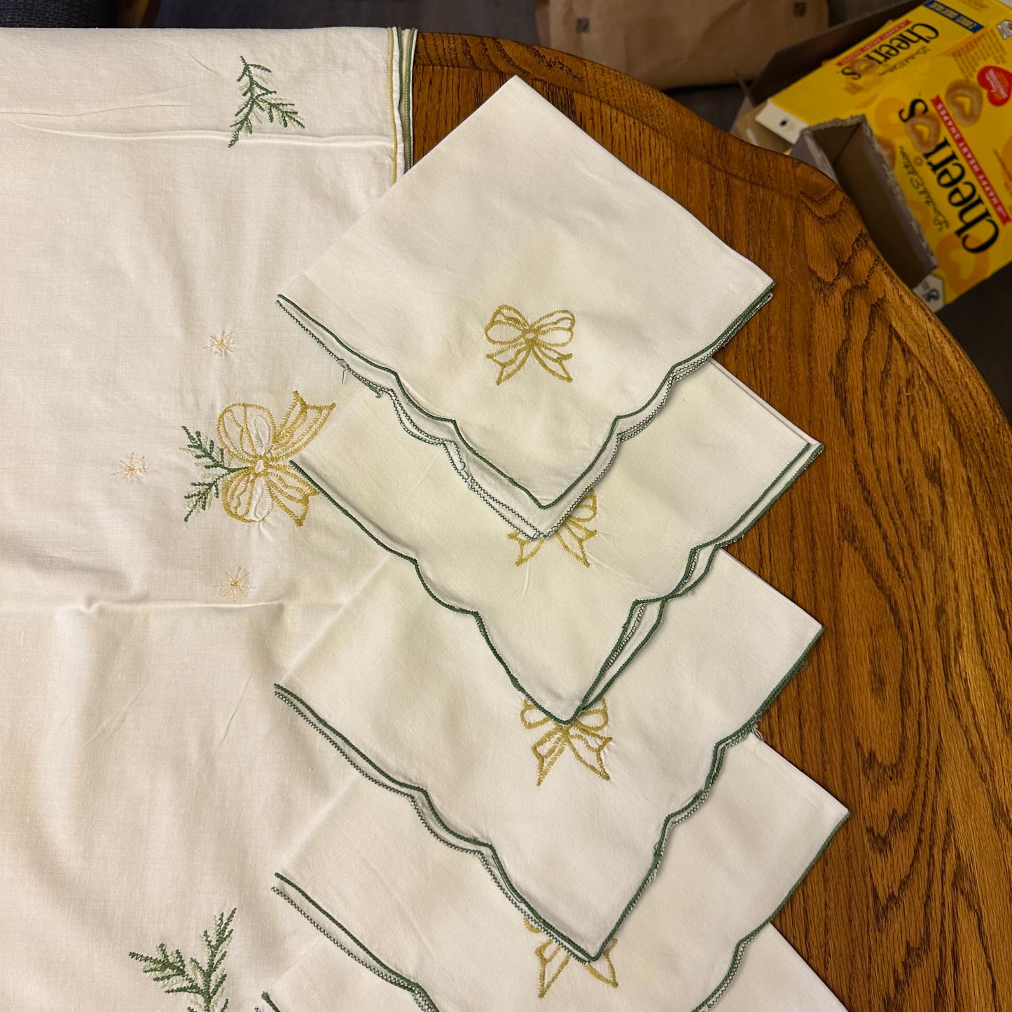 Holiday Bells and Bows Embroidered Tablecloth With 12 Napkins, 112 X 61
