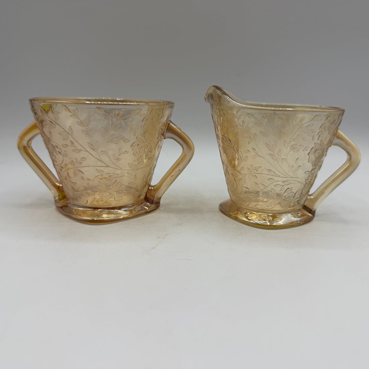 Jeannette Glass Floragold Iridescent Sugar Bowl & Creamer