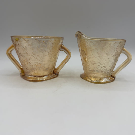 Jeannette Glass Floragold Iridescent Sugar Bowl & Creamer