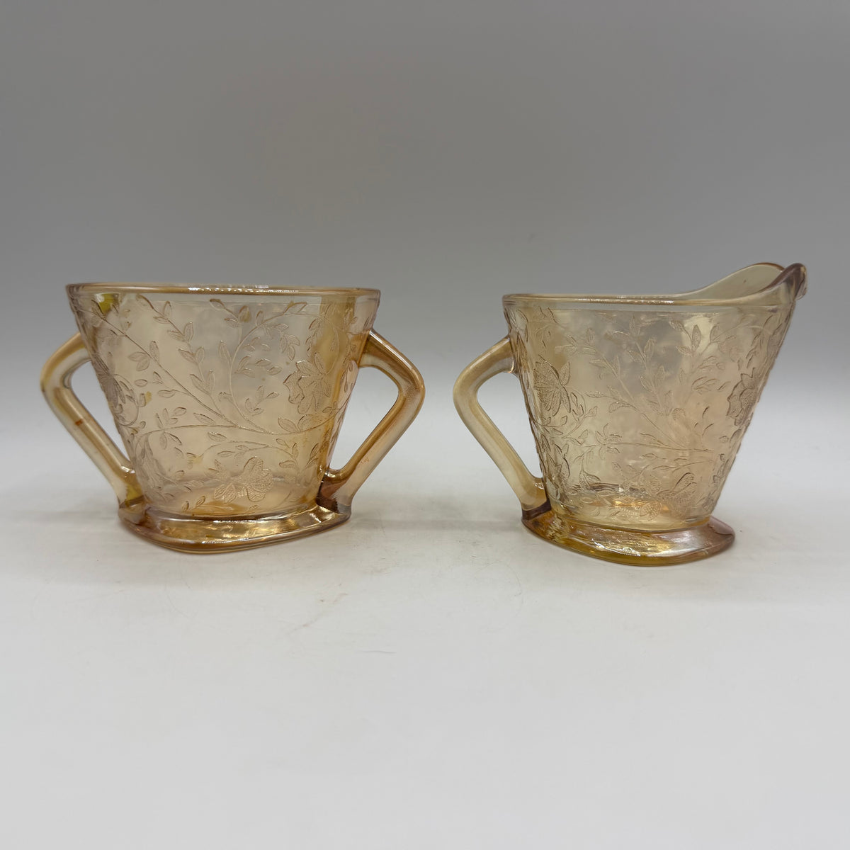 Jeannette Glass Floragold Iridescent Sugar Bowl & Creamer