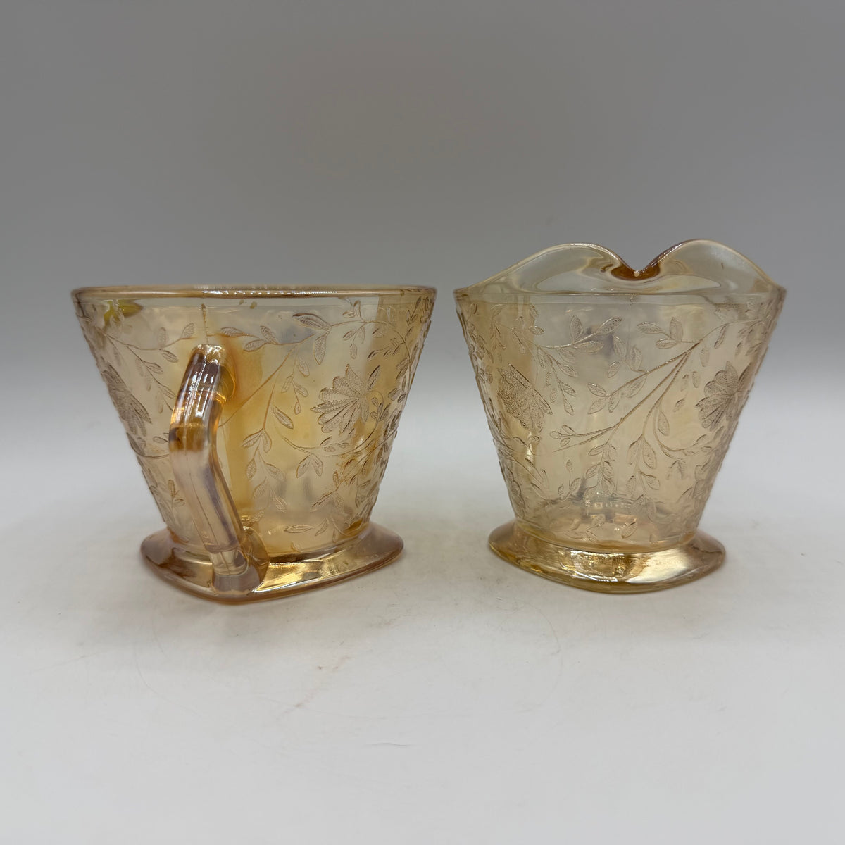 Jeannette Glass Floragold Iridescent Sugar Bowl & Creamer
