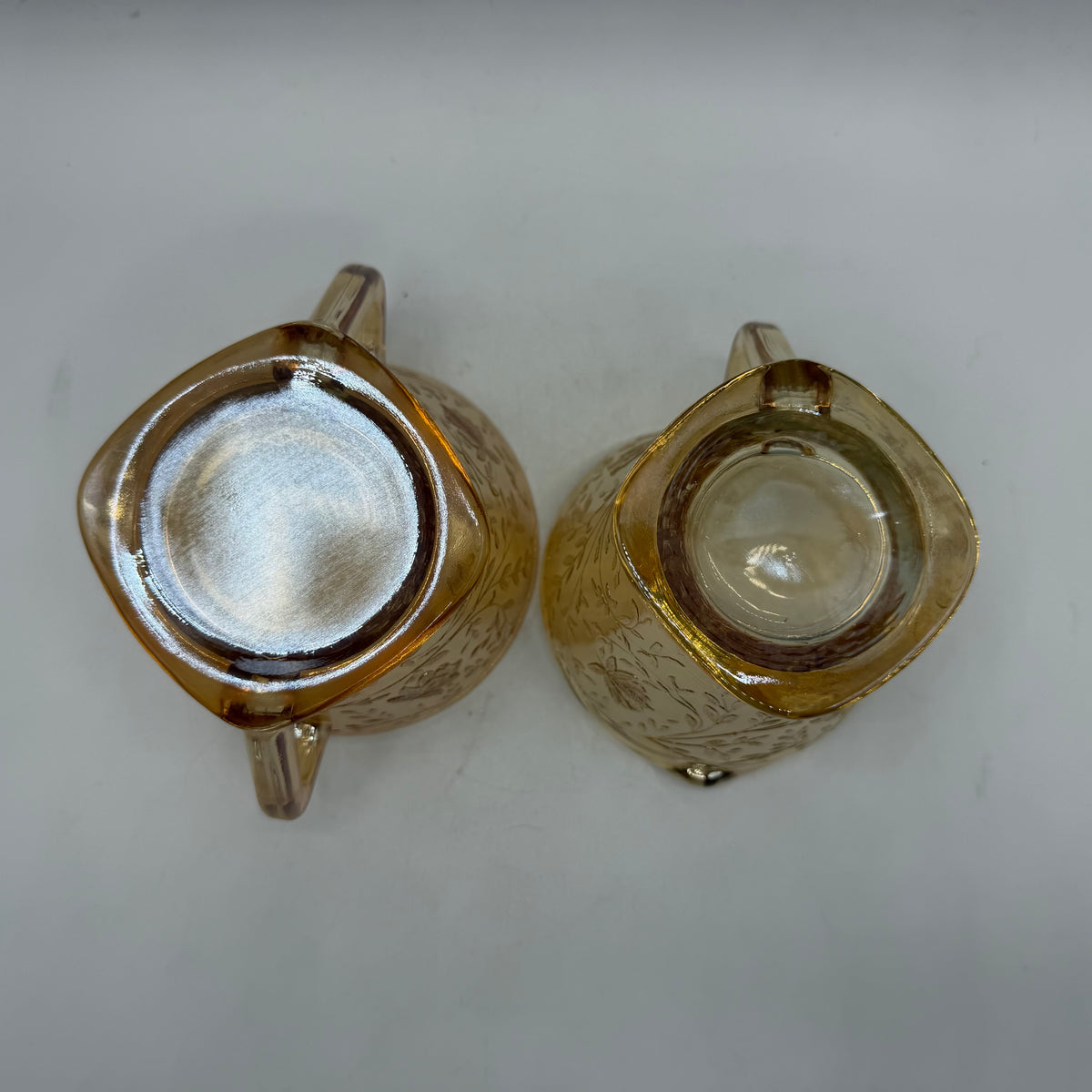 Jeannette Glass Floragold Iridescent Sugar Bowl & Creamer
