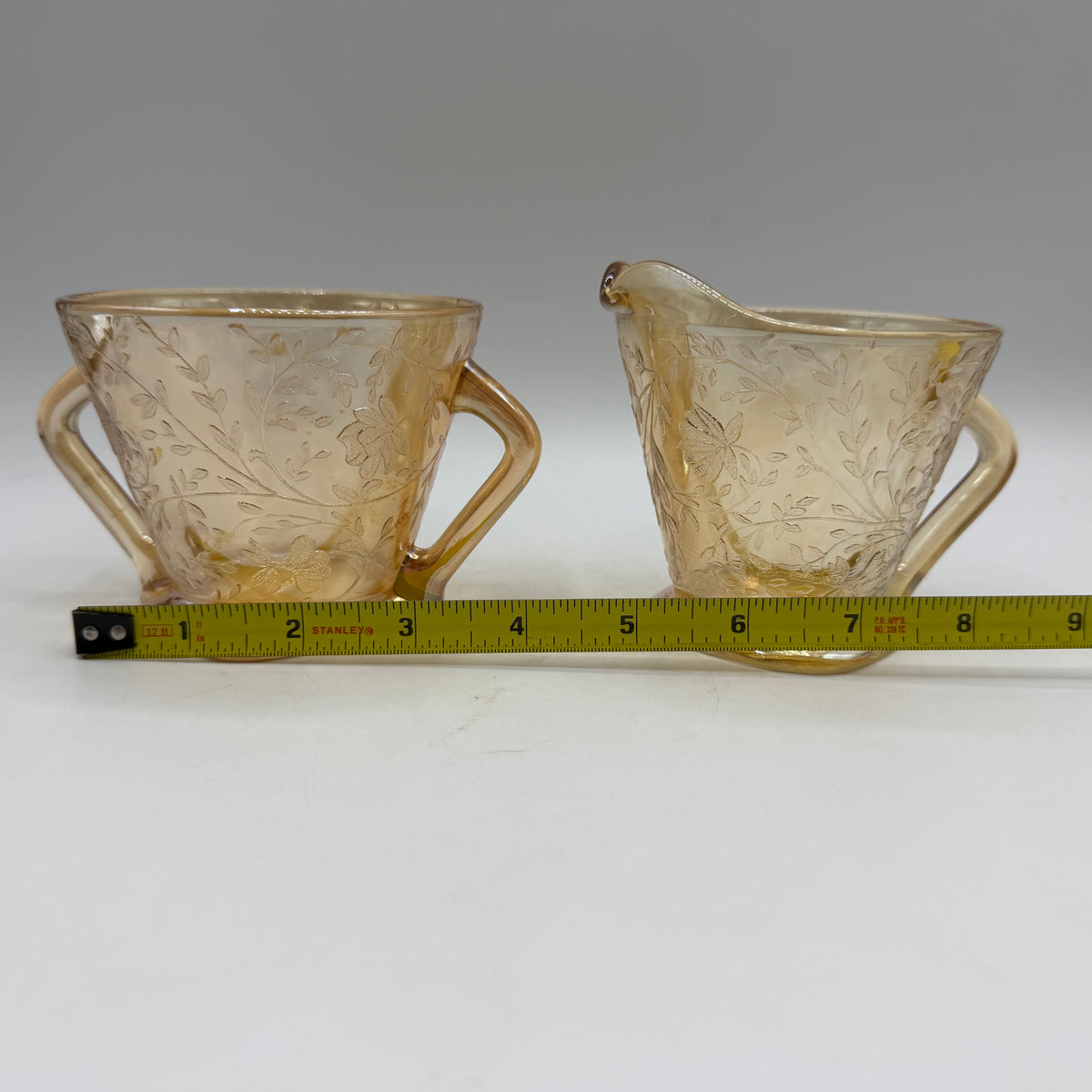 Jeannette Glass Floragold Iridescent Sugar Bowl & Creamer