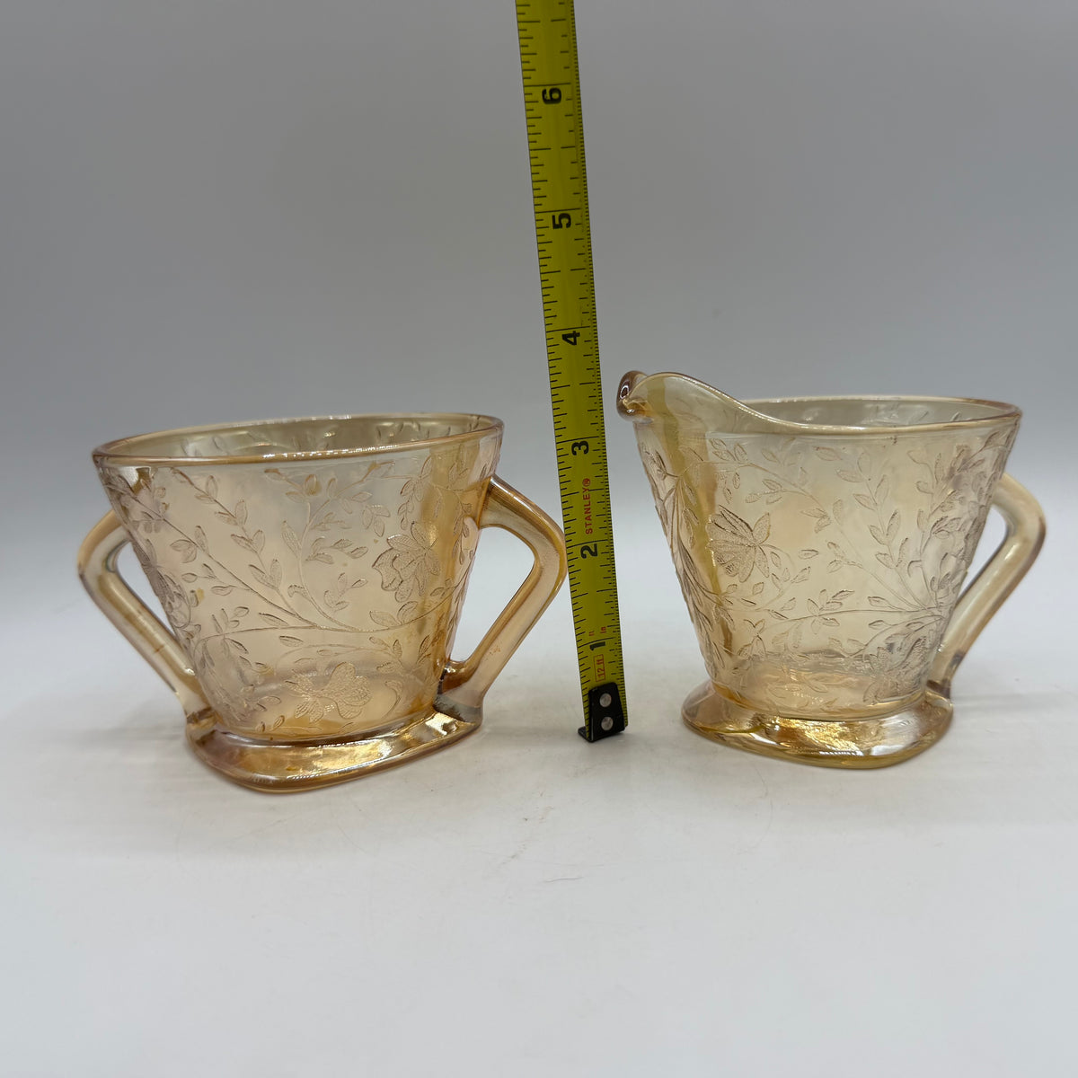 Jeannette Glass Floragold Iridescent Sugar Bowl & Creamer