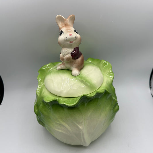 Metlox Poppytrail Rabbit on Cabbage Cookie Jar, 1960s