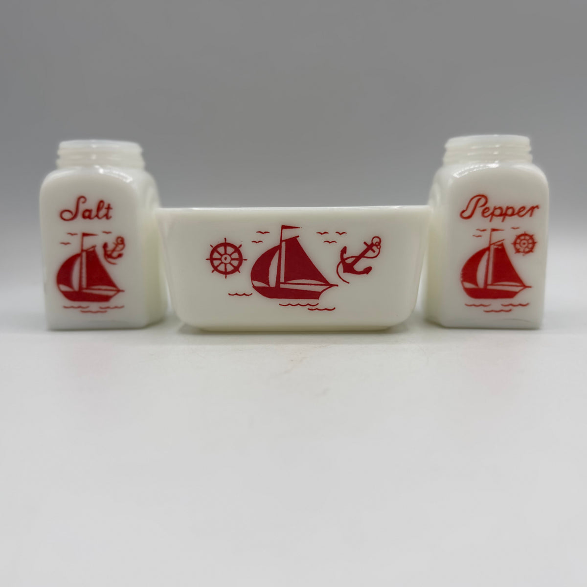 McKee Roman Arched Red Sailboat Salt/Pepper Shaker & Refridgerator Dish