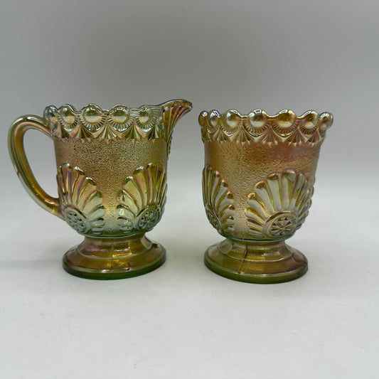 Westmoreland Carnival Glass Sugar & Creamer, Shell & Jewel Pattern, Early 1900s