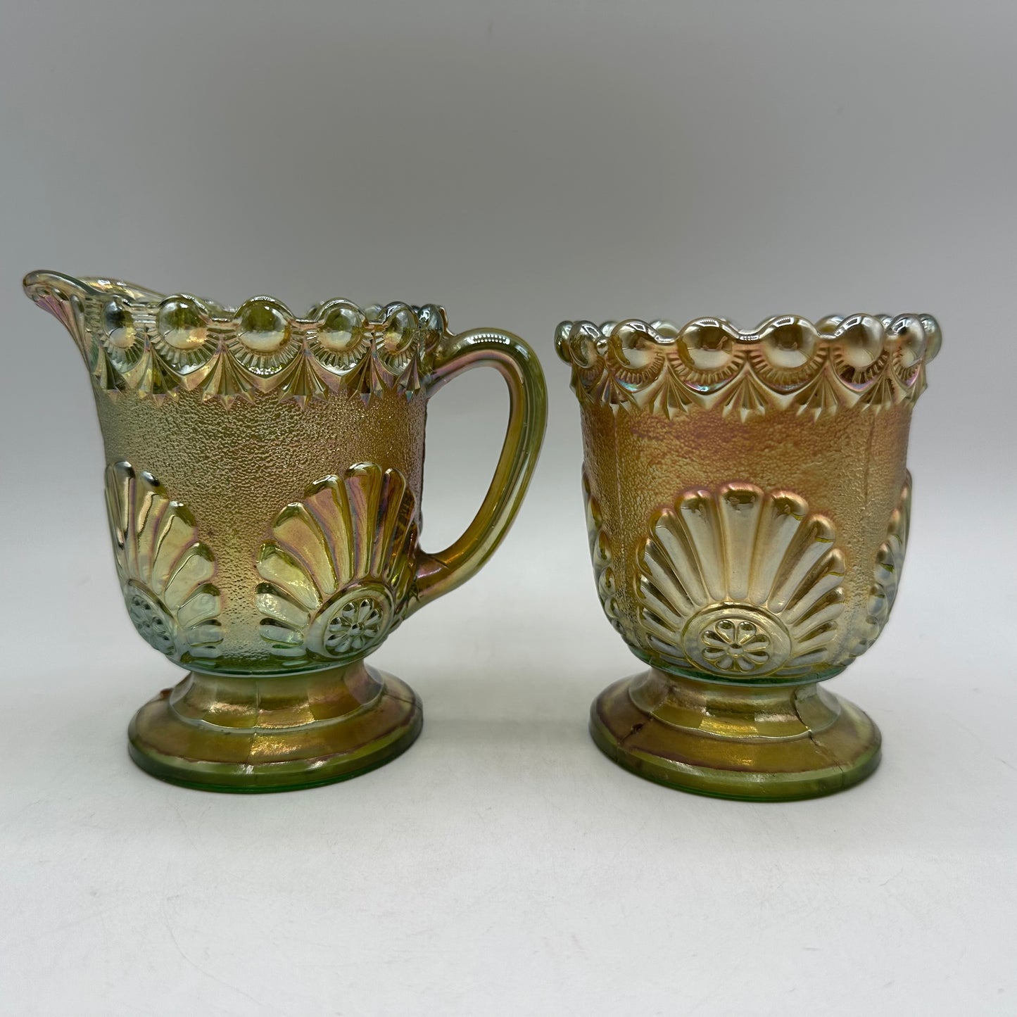 Westmoreland Carnival Glass Sugar & Creamer, Shell & Jewel Pattern, Early 1900s