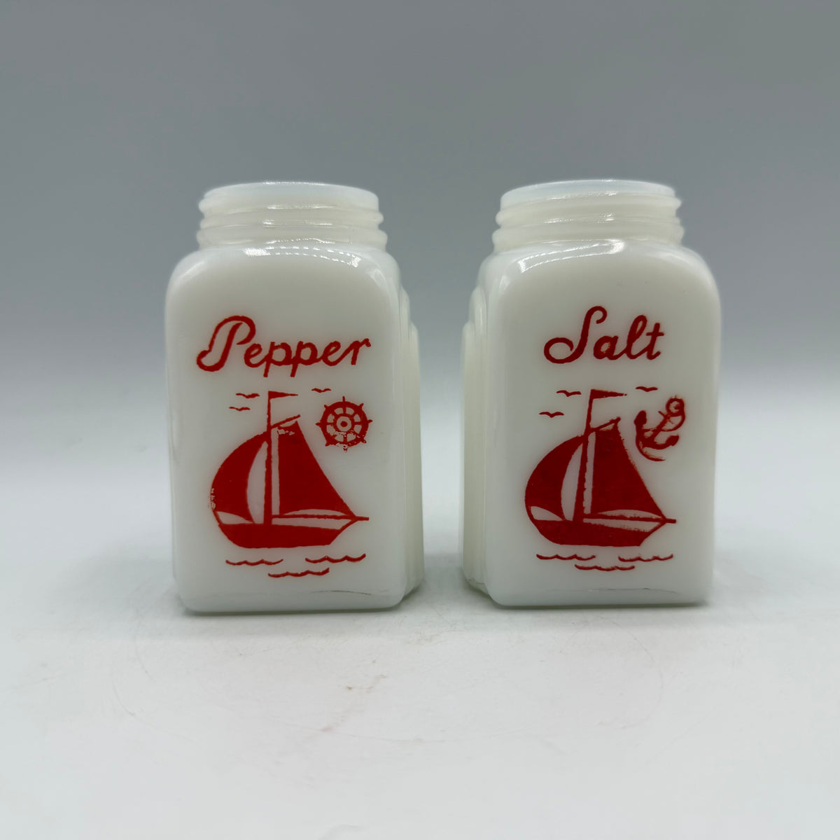 McKee Roman Arched Red Sailboat Salt/Pepper Shaker & Refridgerator Dish
