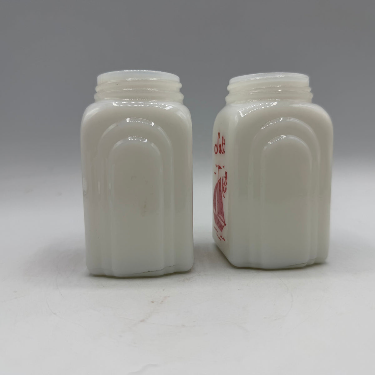 McKee Roman Arched Red Sailboat Salt/Pepper Shaker & Refridgerator Dish