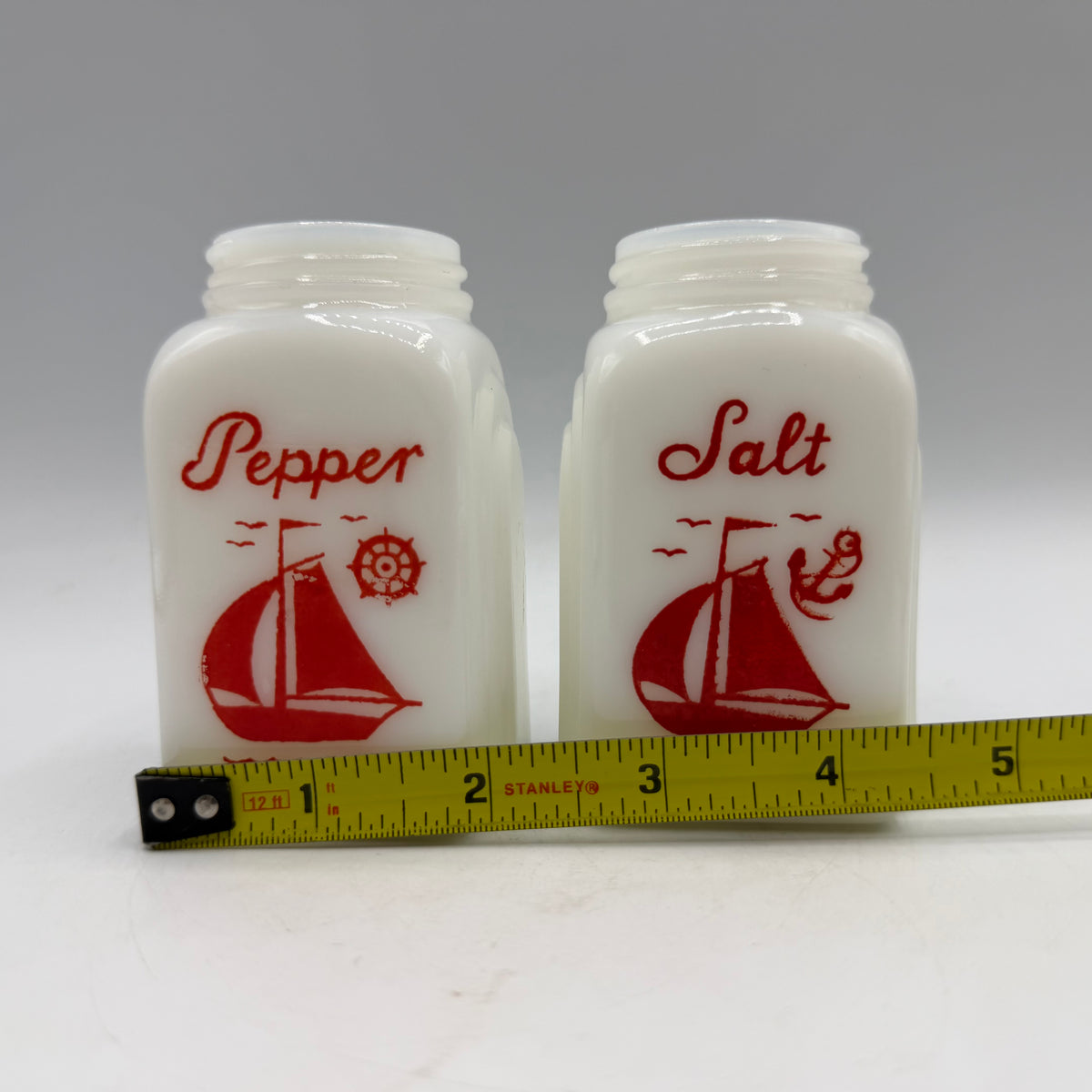 McKee Roman Arched Red Sailboat Salt/Pepper Shaker & Refridgerator Dish