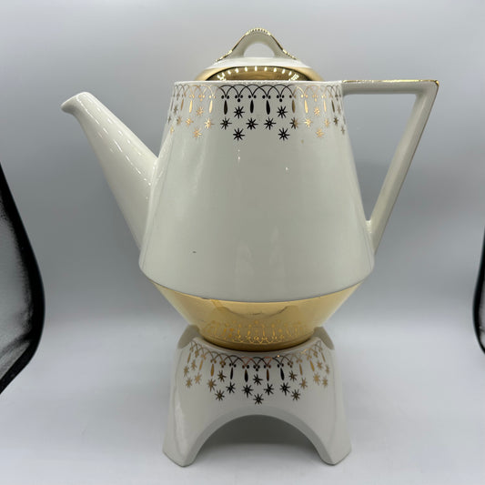 Hall China Flare-Ware Coffee Pot and Warmer, Gold Lace Pattern