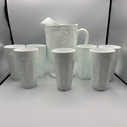 Indiana Glass Colony Harvest Pitcher and 7 Tumblers, Milk Glass