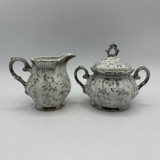 Sterling China Japan Sugar Bowl and Creamer, Floral Design