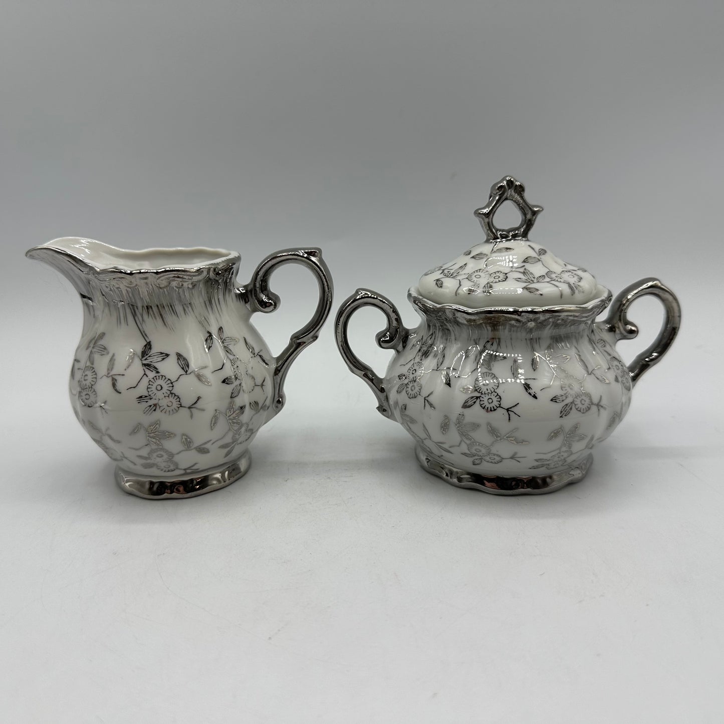 Sterling China Japan Sugar Bowl and Creamer, Floral Design