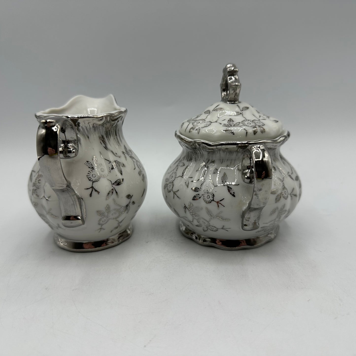 Sterling China Japan Sugar Bowl and Creamer, Floral Design