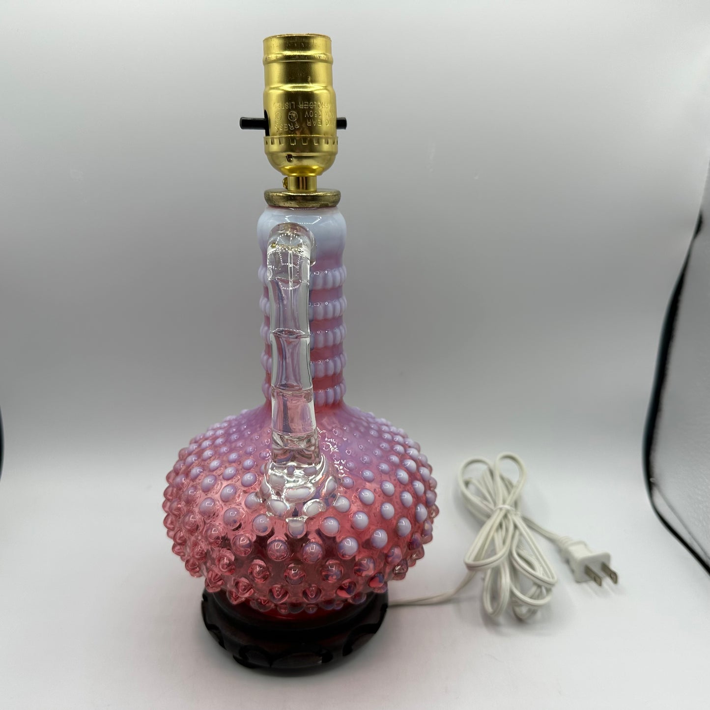 Fenton Cranberry Opelescent Hobnail Lamp, Electric