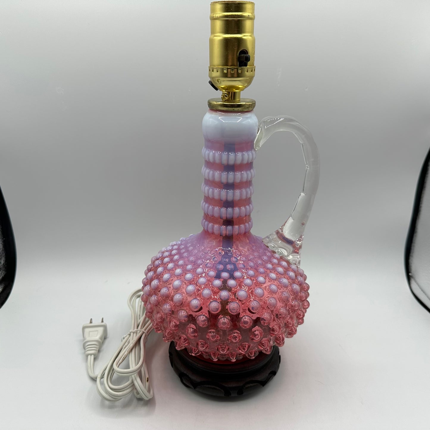 Fenton Cranberry Opelescent Hobnail Lamp, Electric