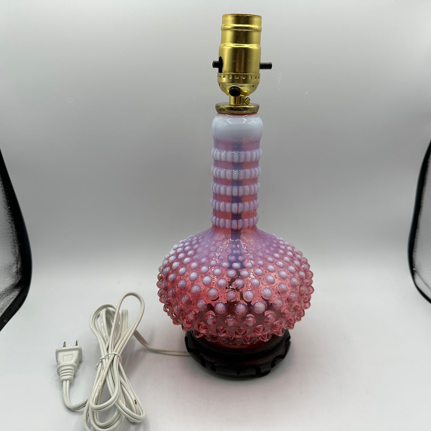 Fenton Cranberry Opelescent Hobnail Lamp, Electric