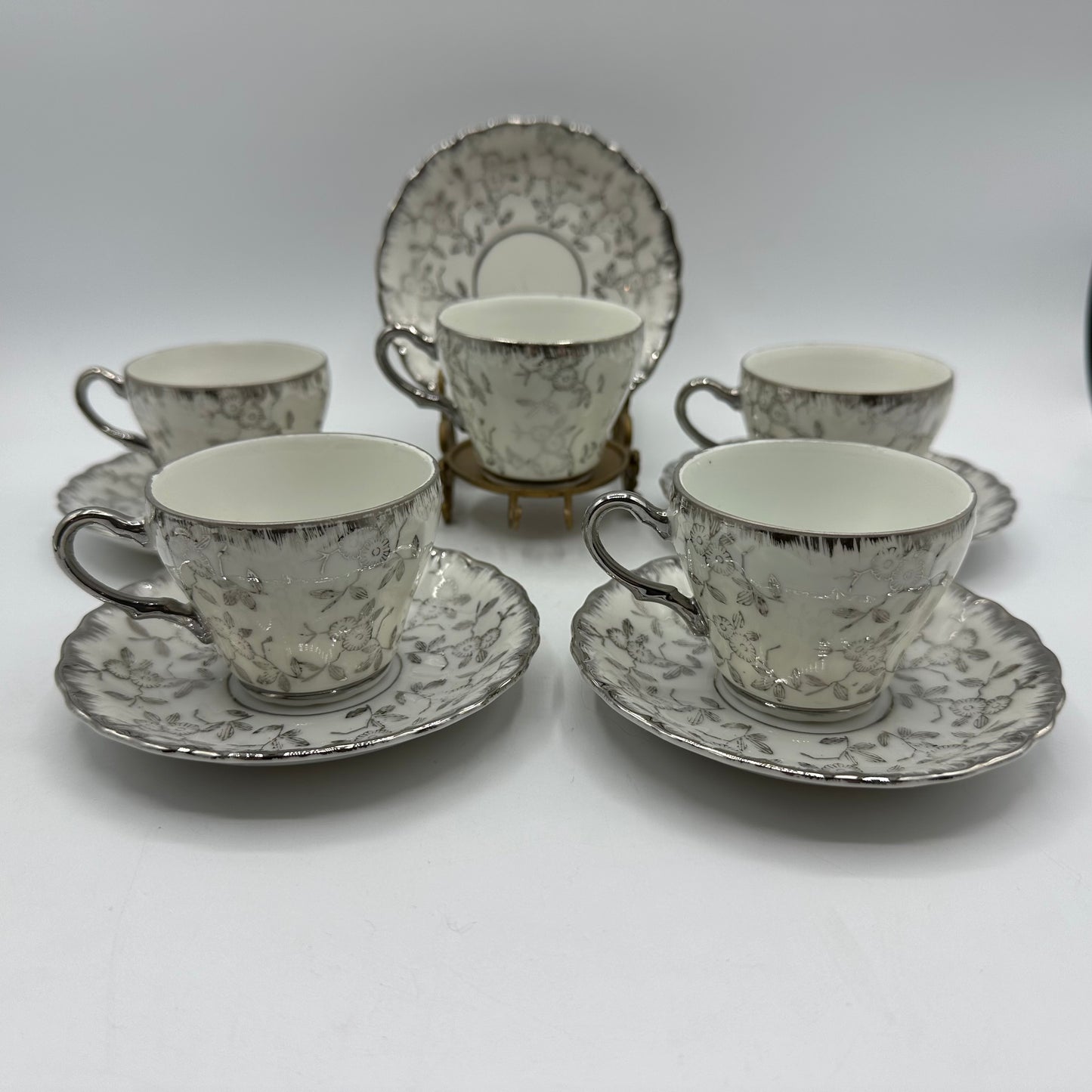 Sterling China Japan Demitasse Cups and Saucers, Floral Design, Set of 5