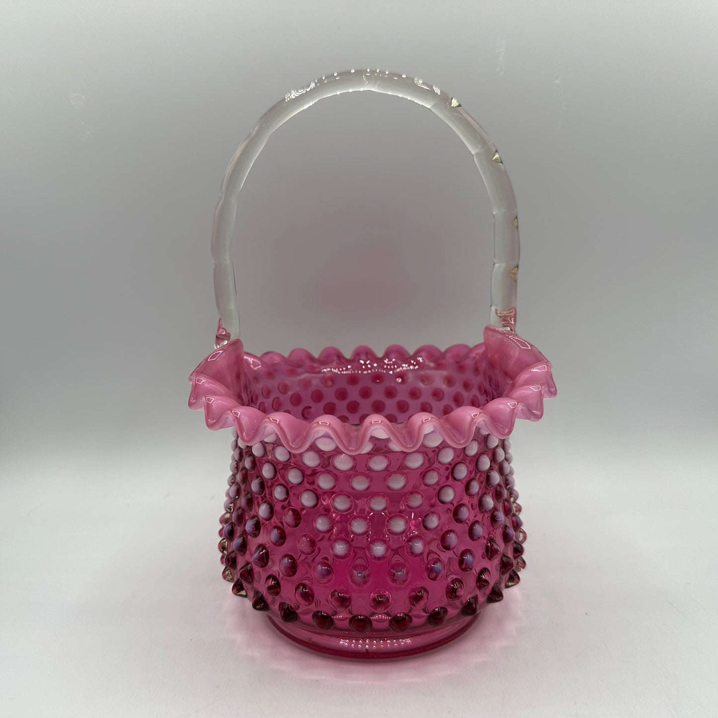 Fenton Cranberry Opalescent Hobnail Basket, Ruffled Edge, Clear Handle