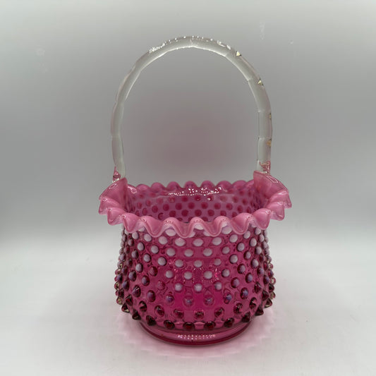 Fenton Cranberry Opalescent Hobnail Basket, Ruffled Edge, Clear Handle
