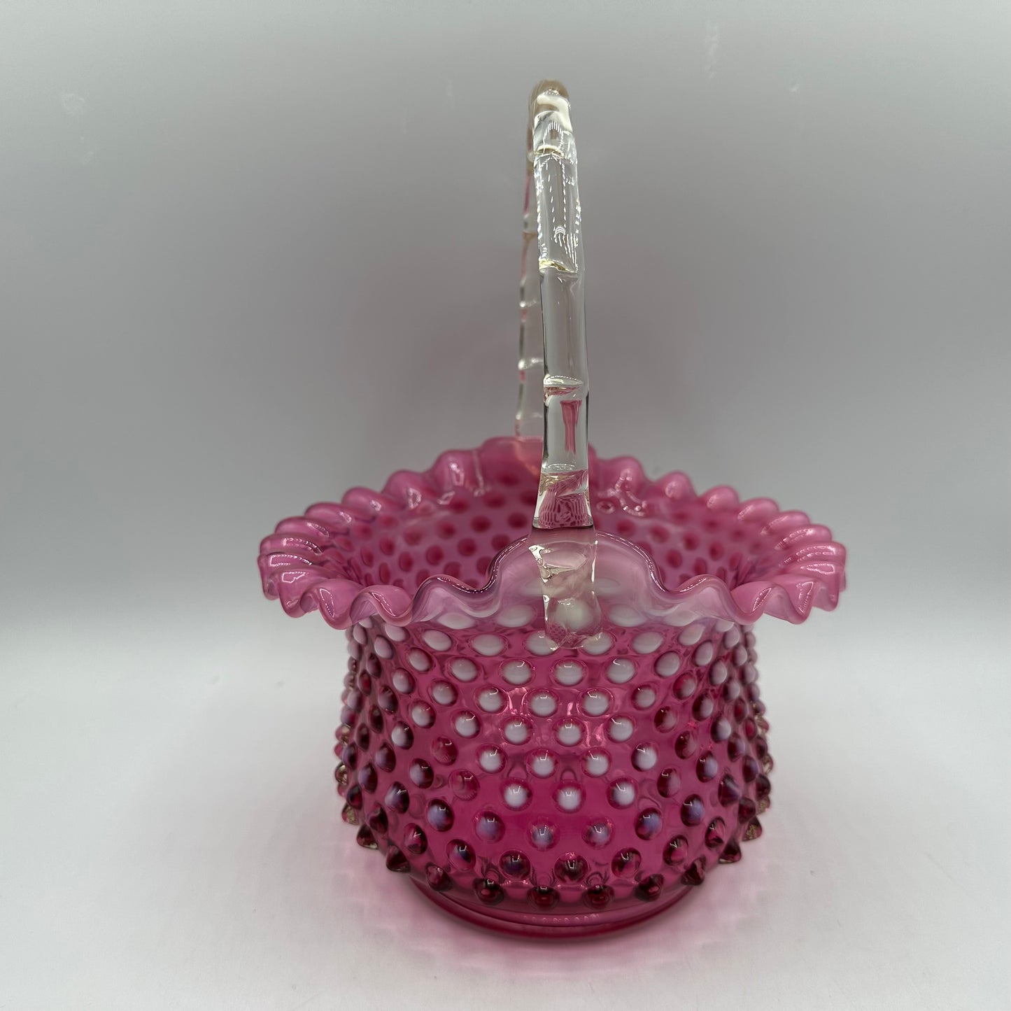 Fenton Cranberry Opalescent Hobnail Basket, Ruffled Edge, Clear Handle