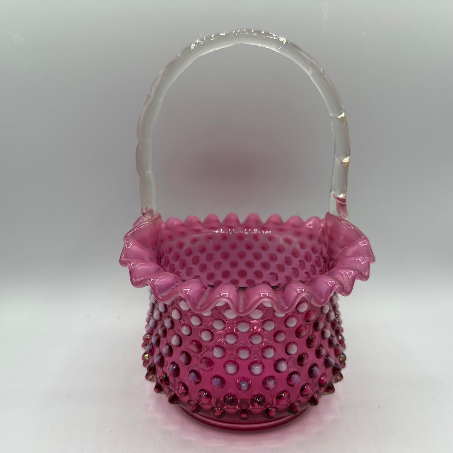 Fenton Cranberry Opalescent Hobnail Basket, Ruffled Edge, Clear Handle