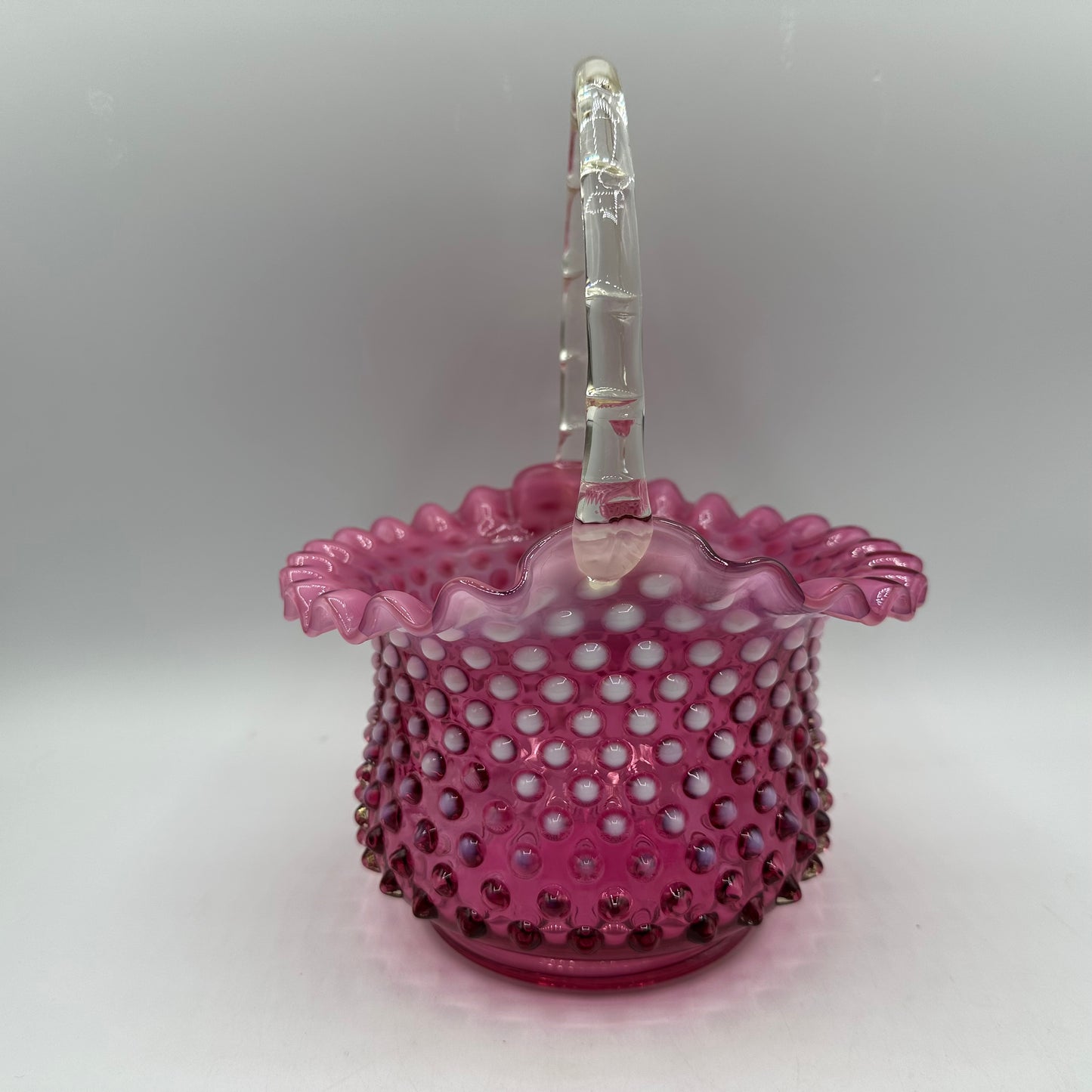 Fenton Cranberry Opalescent Hobnail Basket, Ruffled Edge, Clear Handle
