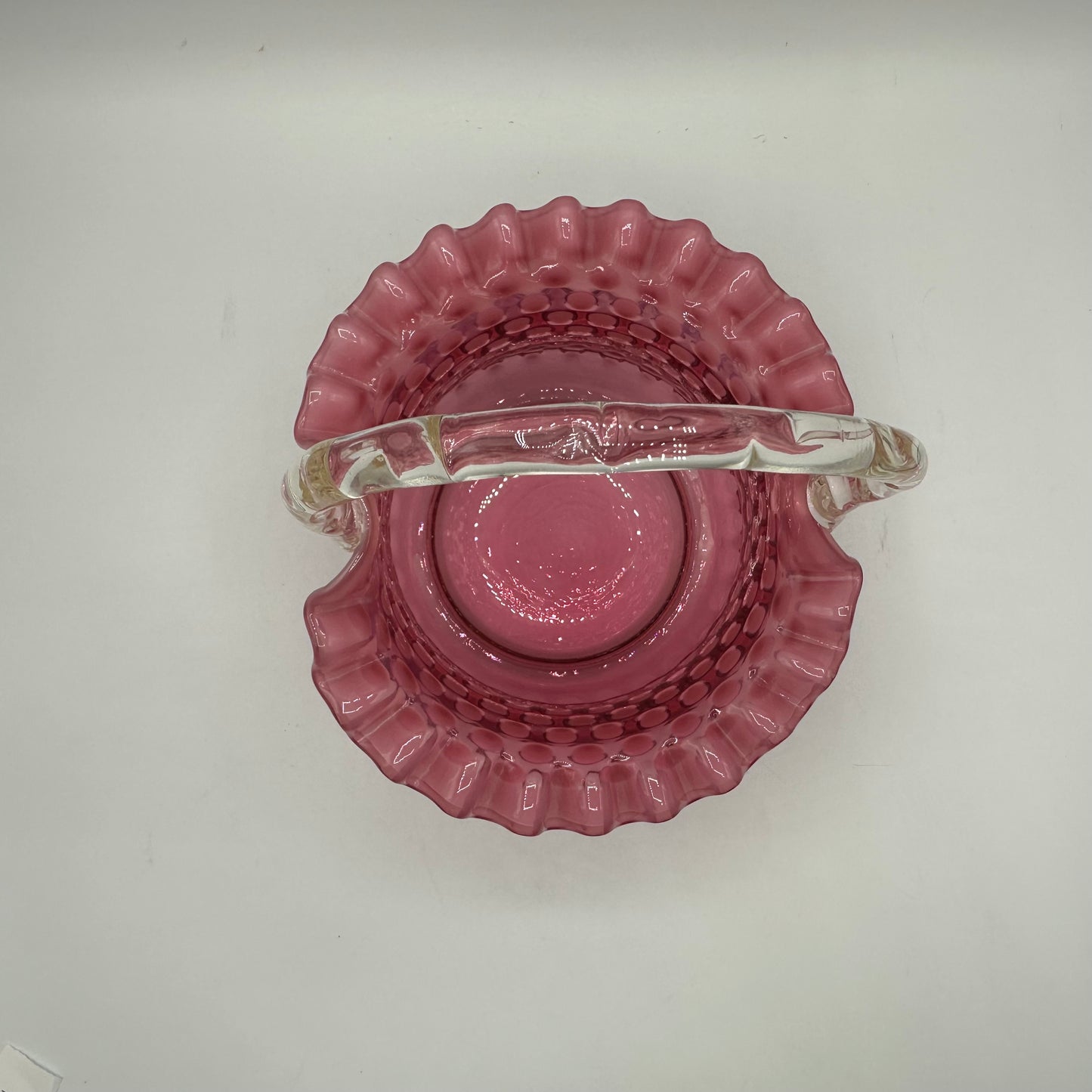 Fenton Cranberry Opalescent Hobnail Basket, Ruffled Edge, Clear Handle