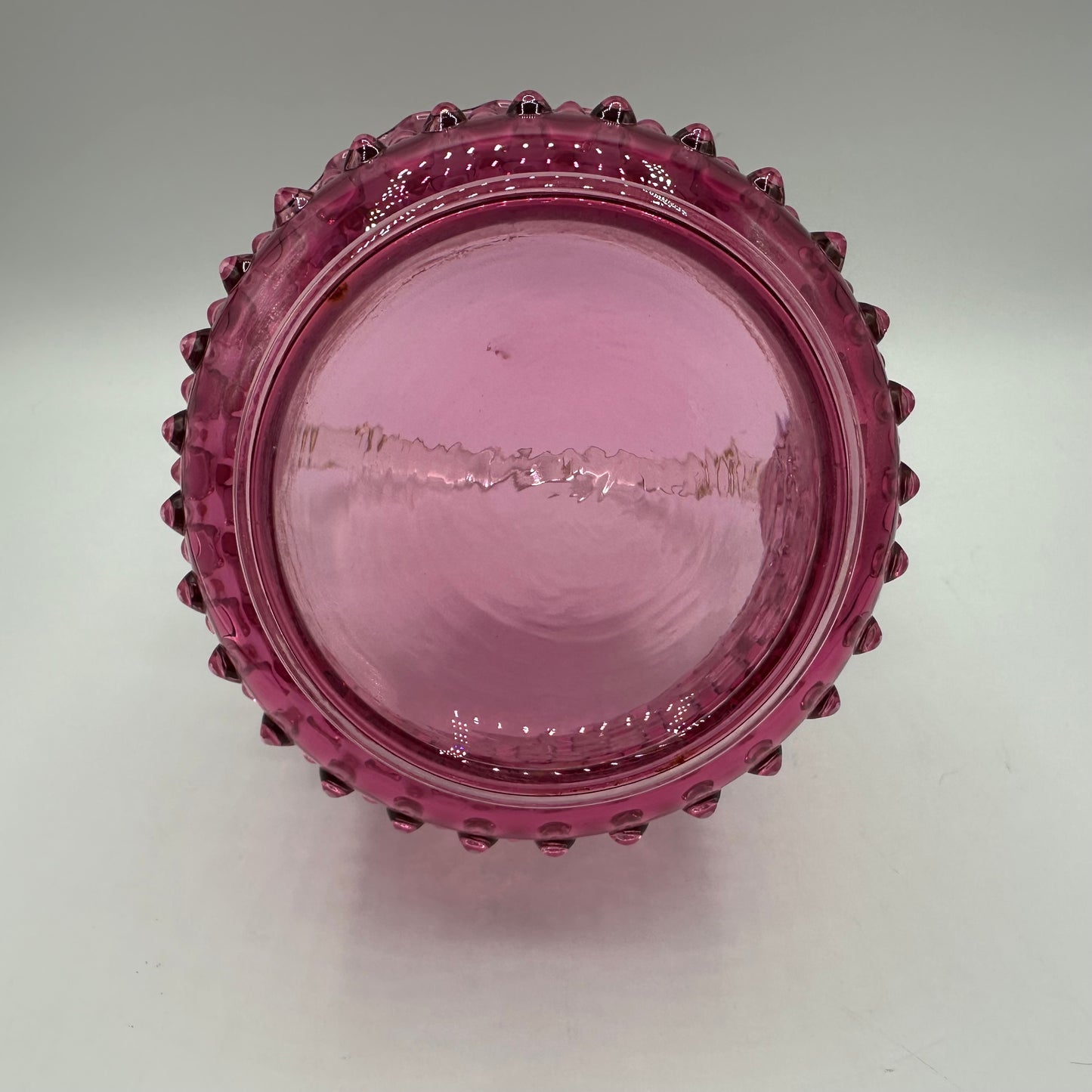 Fenton Cranberry Opalescent Hobnail Basket, Ruffled Edge, Clear Handle