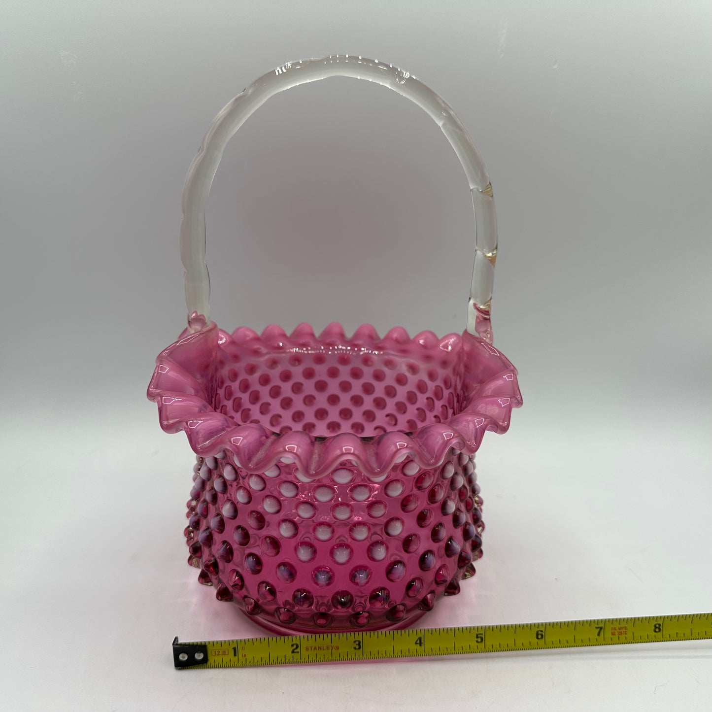 Fenton Cranberry Opalescent Hobnail Basket, Ruffled Edge, Clear Handle