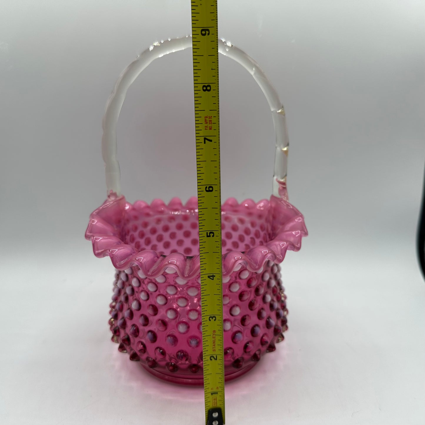 Fenton Cranberry Opalescent Hobnail Basket, Ruffled Edge, Clear Handle