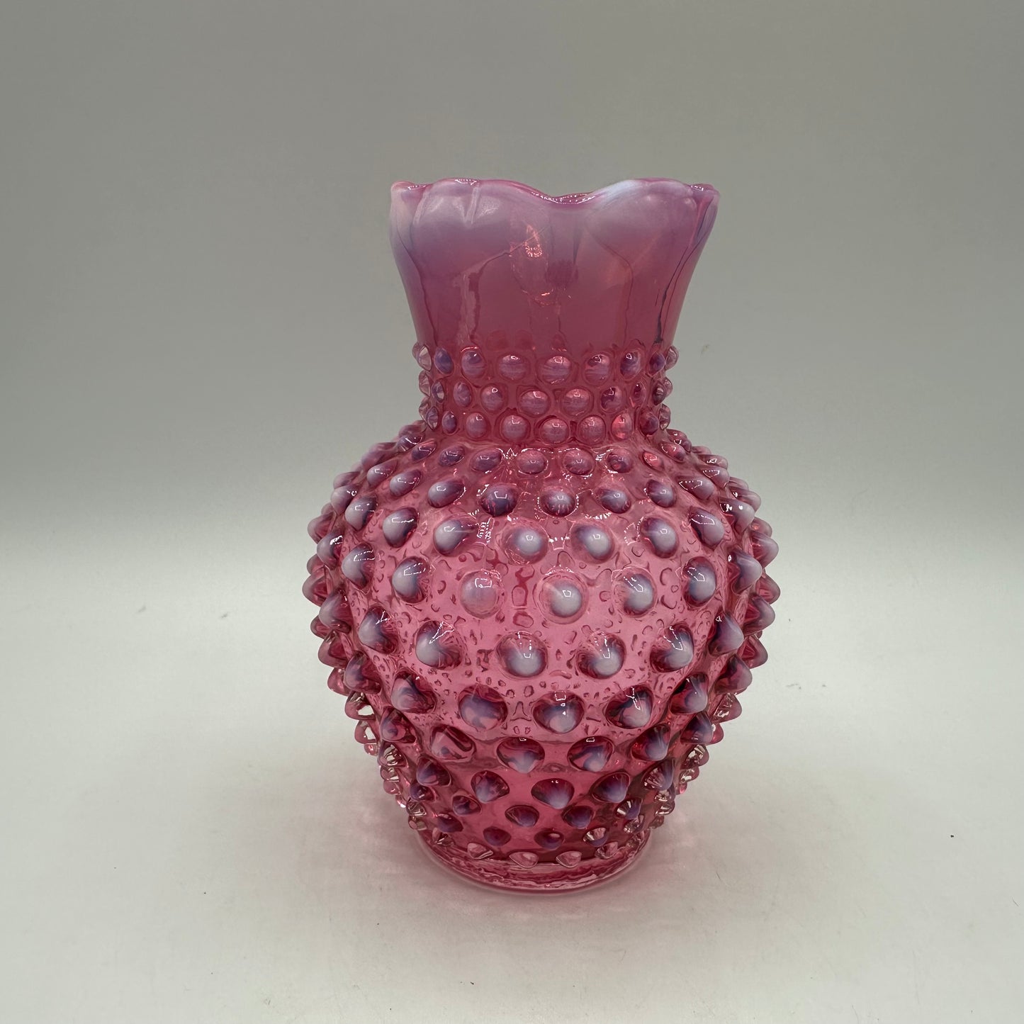 Fenton Cranberry Opalescent Hobnail Open Syrup Pitcher, 5.5"
