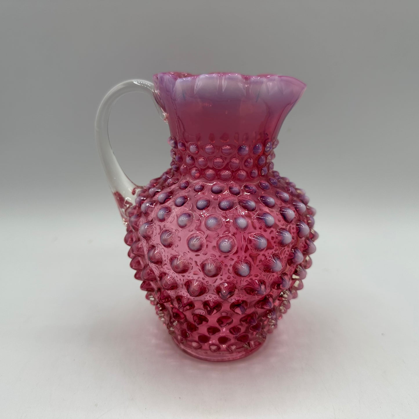 Fenton Cranberry Opalescent Hobnail Open Syrup Pitcher, 5.5"
