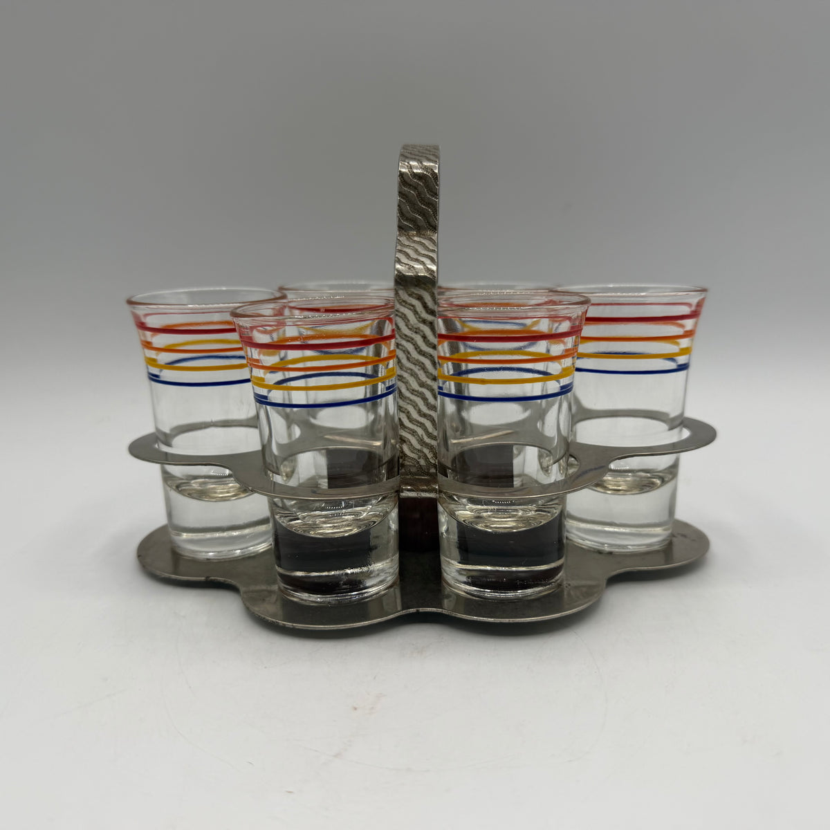 1950s Metal Shot Glass Carrier and 6 Heavy Bottom Striped Shot Glasses