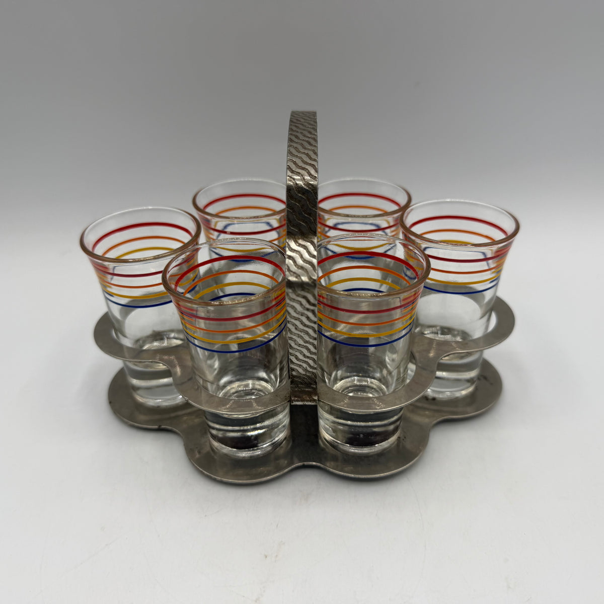 1950s Metal Shot Glass Carrier and 6 Heavy Bottom Striped Shot Glasses