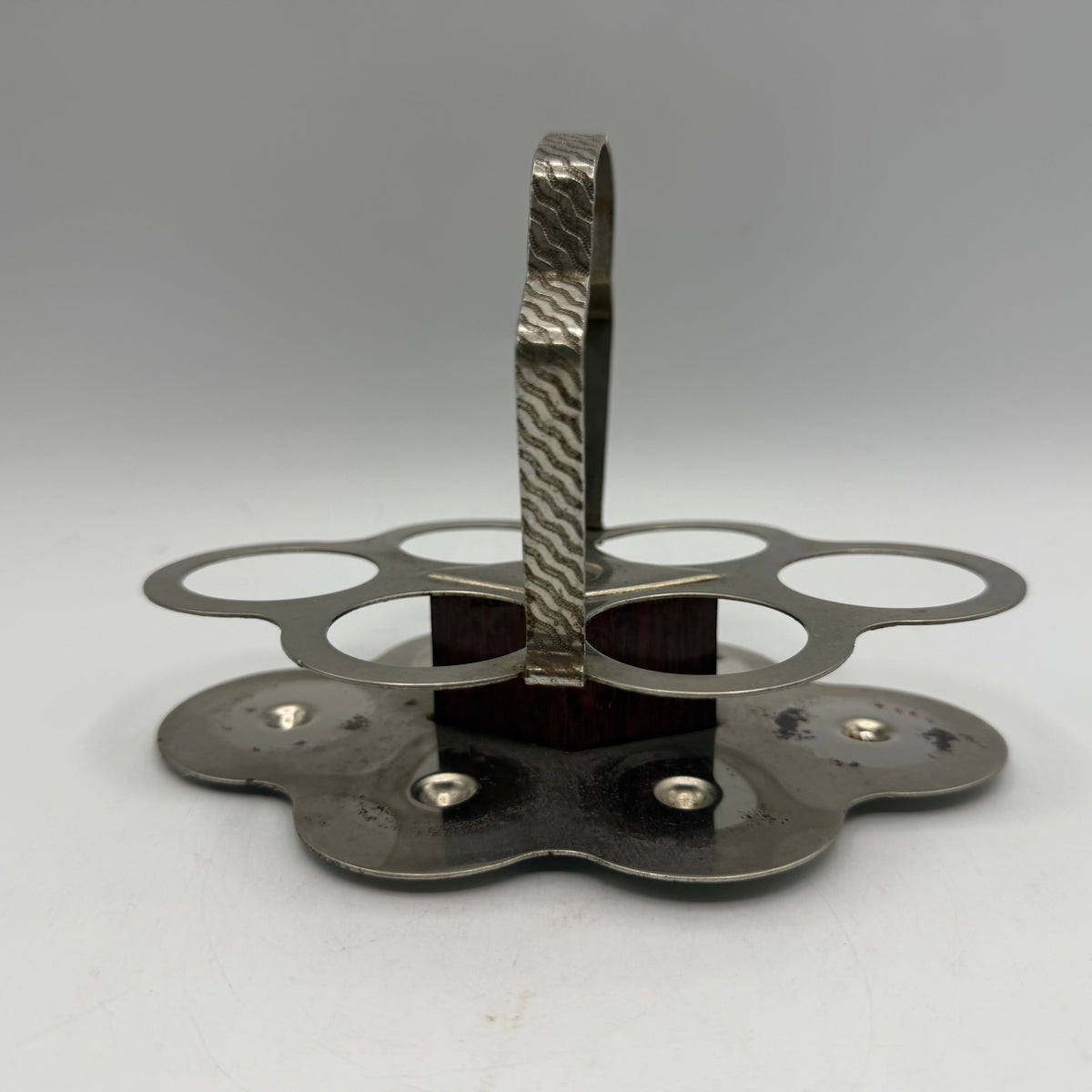 1950s Metal Shot Glass Carrier and 6 Heavy Bottom Striped Shot Glasses