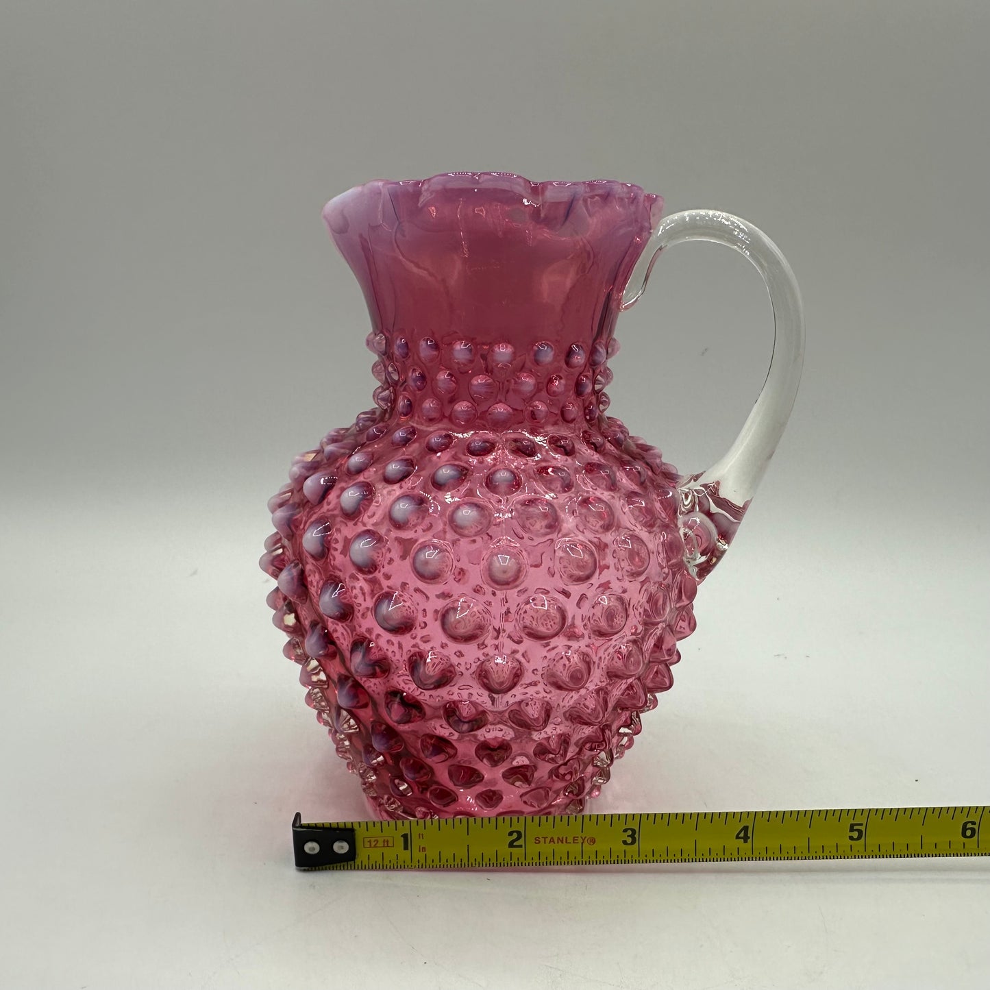 Fenton Cranberry Opalescent Hobnail Open Syrup Pitcher, 5.5"