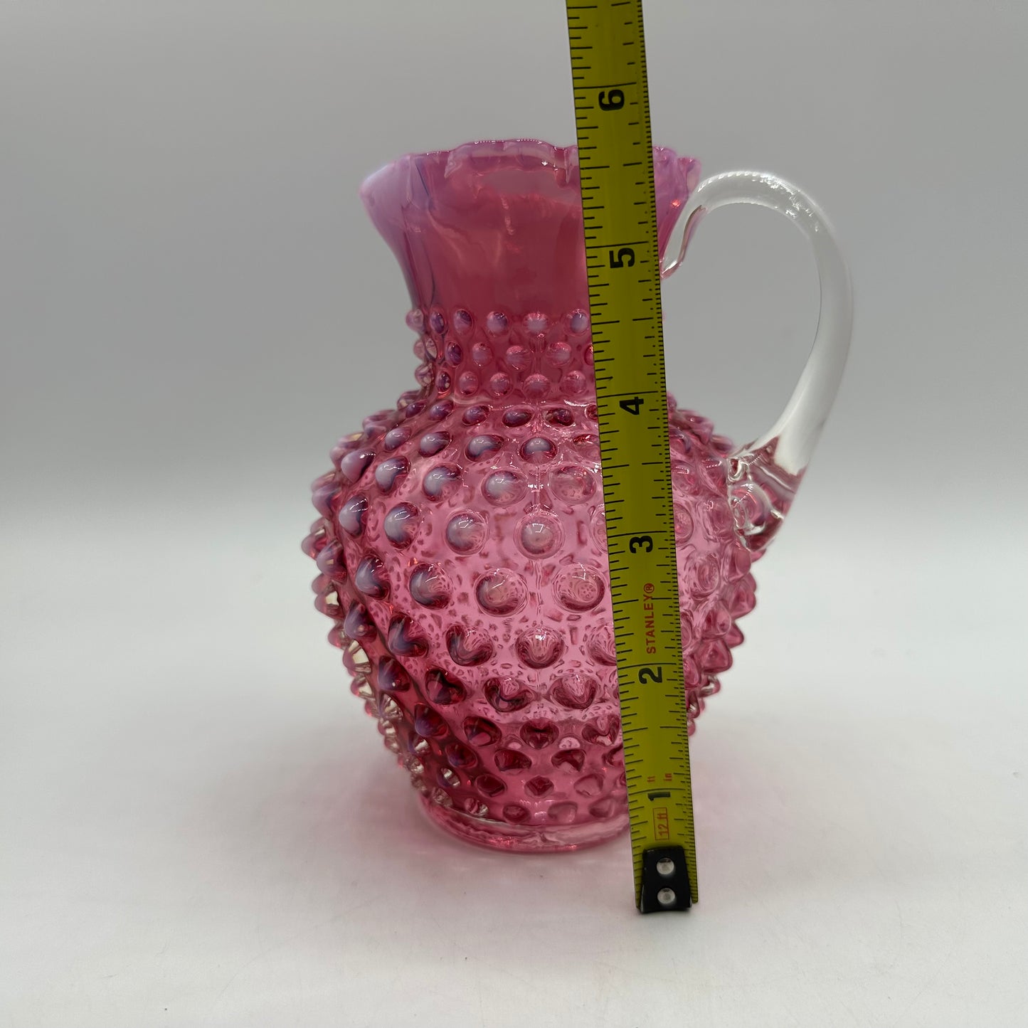 Fenton Cranberry Opalescent Hobnail Open Syrup Pitcher, 5.5"