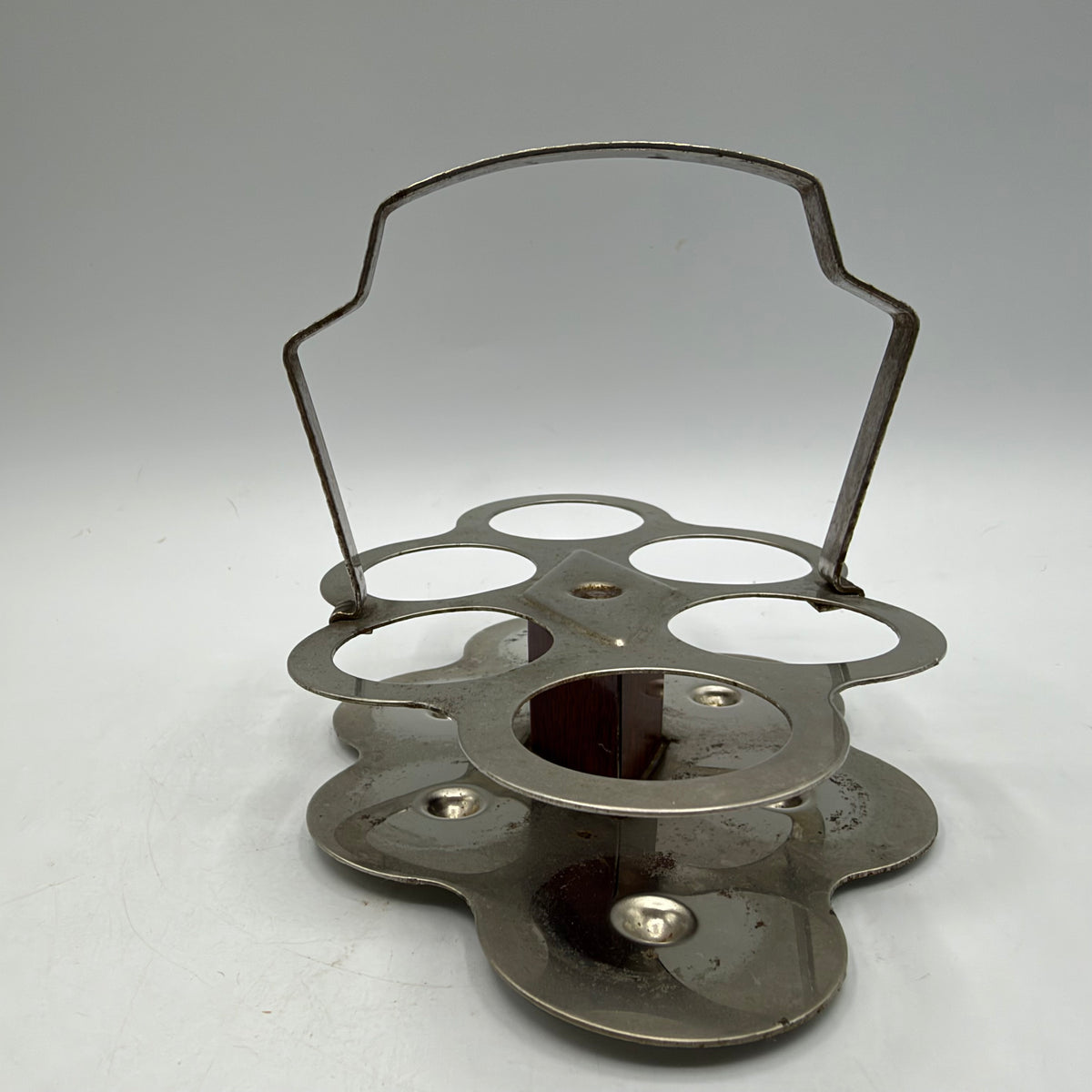 1950s Metal Shot Glass Carrier and 6 Heavy Bottom Striped Shot Glasses