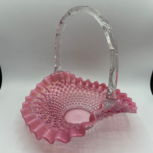 Fenton Cranberry Opalescent Hobnail Ruffled Handled Basket