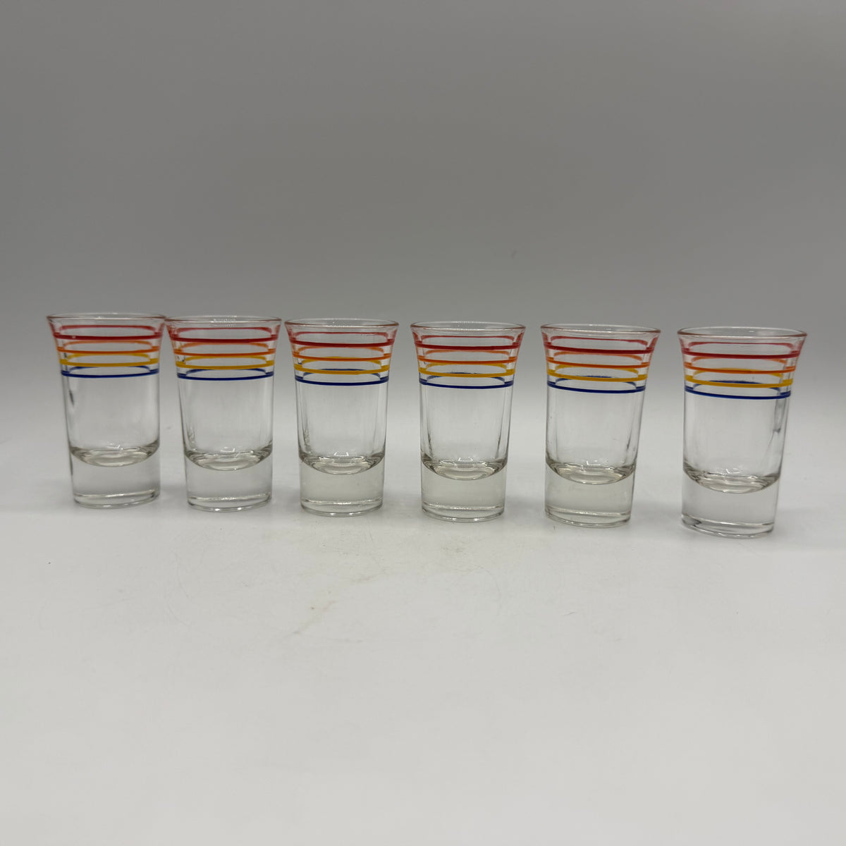 1950s Metal Shot Glass Carrier and 6 Heavy Bottom Striped Shot Glasses