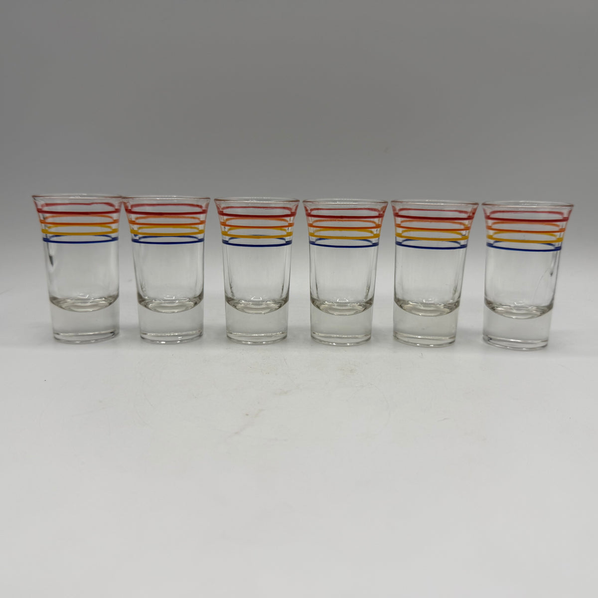 1950s Metal Shot Glass Carrier and 6 Heavy Bottom Striped Shot Glasses