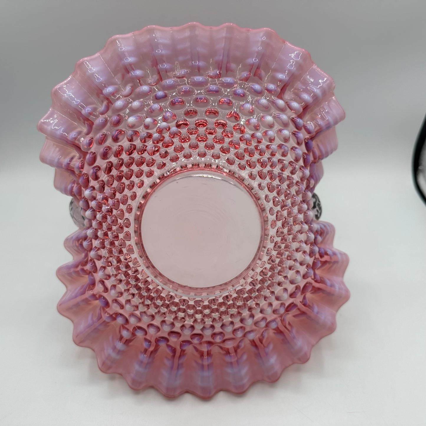 Fenton Cranberry Opalescent Hobnail Ruffled Handled Basket