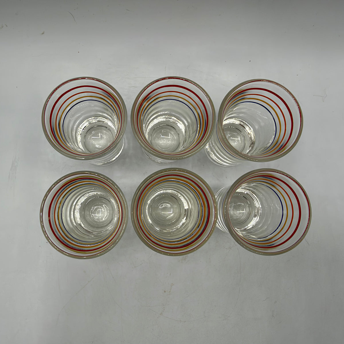 1950s Metal Shot Glass Carrier and 6 Heavy Bottom Striped Shot Glasses
