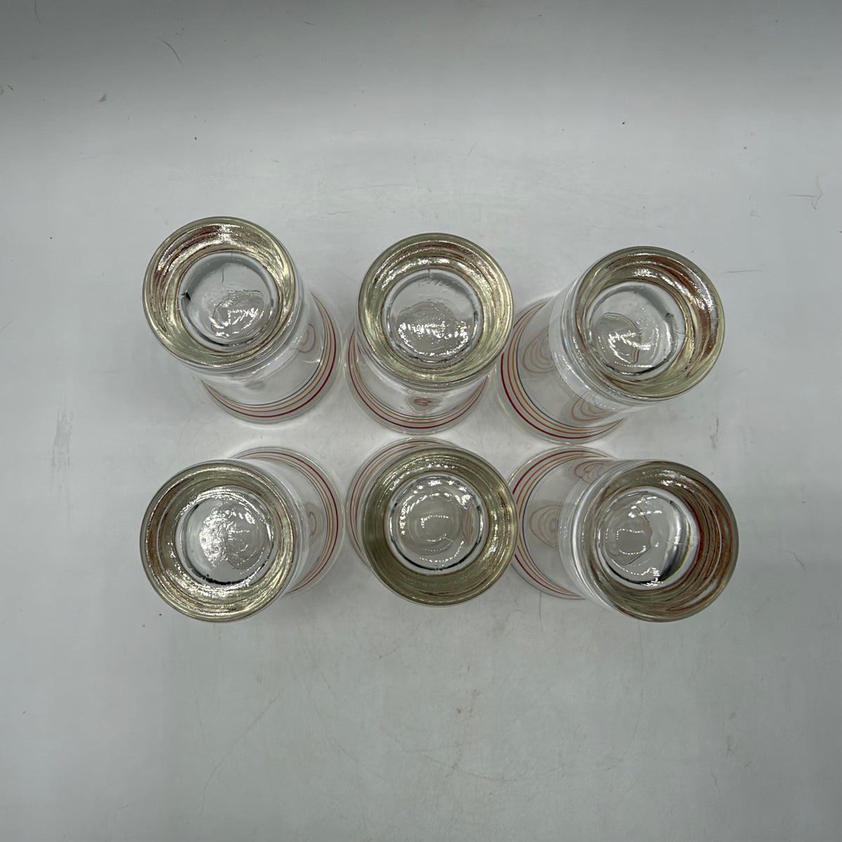 1950s Metal Shot Glass Carrier and 6 Heavy Bottom Striped Shot Glasses