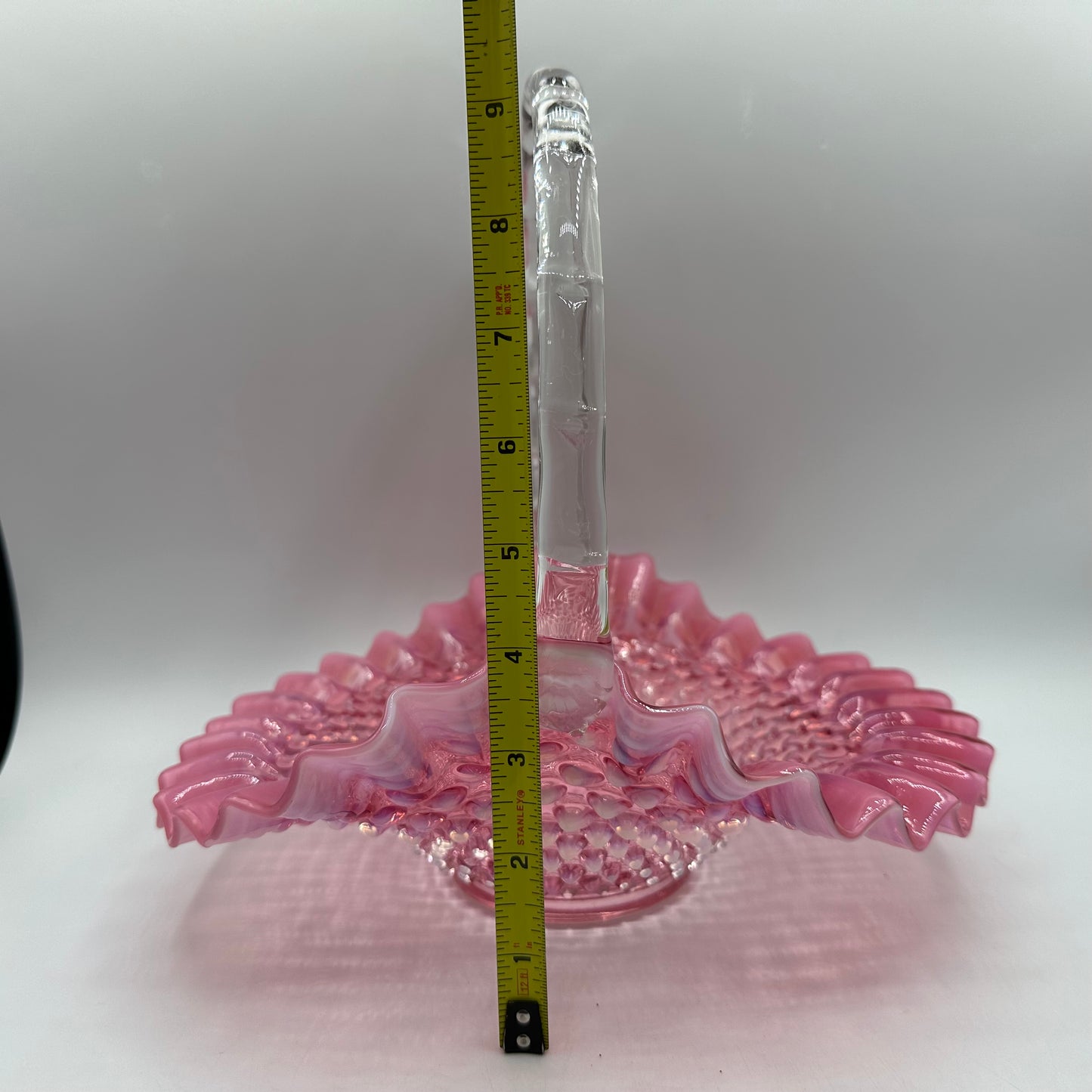 Fenton Cranberry Opalescent Hobnail Ruffled Handled Basket