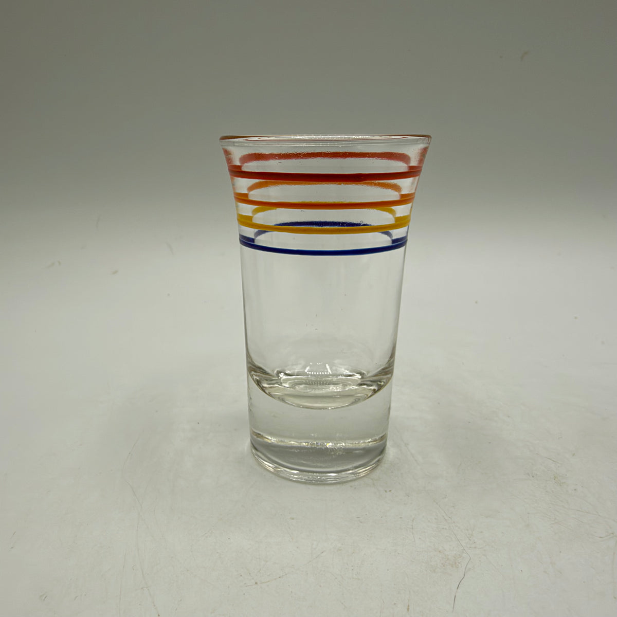 1950s Metal Shot Glass Carrier and 6 Heavy Bottom Striped Shot Glasses